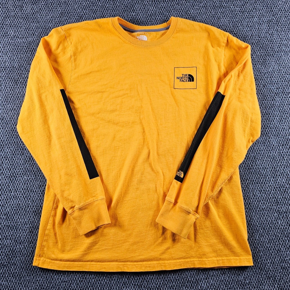 The North Face Mens XL Long‎ Sleeve T-Shirt Yellow Black Stripe Box Logo Cotton